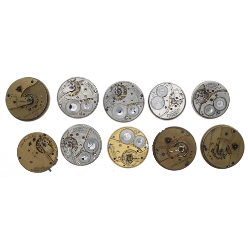 182 - Ten American Waltham lever pocket watch movements, including 'Hillside' 'Fattorini' and 'Traveler' (... 