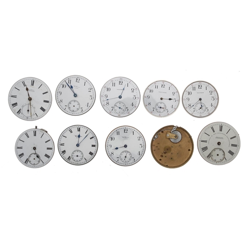 182 - Ten American Waltham lever pocket watch movements, including 'Hillside' 'Fattorini' and 'Traveler' (... 