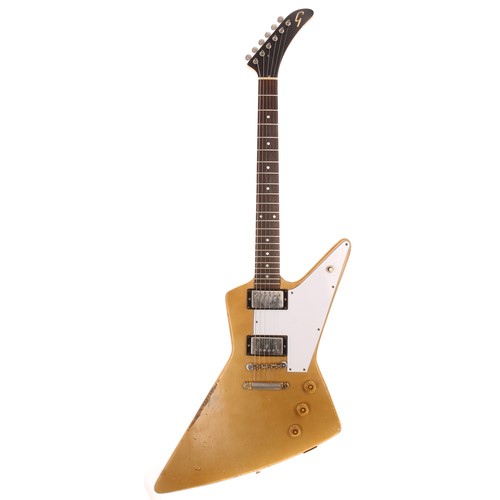 Bernie Marsden - Clive Brown NSA G Explorer, a modified 1970s Ibanez Destroyer electric guitar, ser. no. 81407; Body: gold relic finish; Neck: good, light relic; Fretboard: rosewood: Frets: good; Electrics: working; Hardware: good, tarnishing and relic'ing; Case: generic oblong hard case: Weight: 3.69kg; Overall condition: good