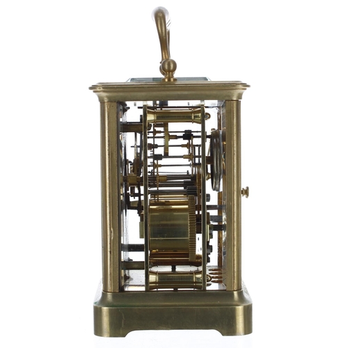 1252 - French brass carriage clock striking on a bell, within a corniche brass case, 6.5