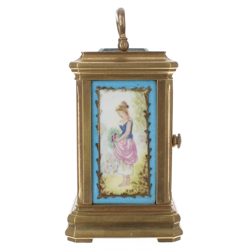 1255 - Miniature contemporary carriage clock timepiece with painted porcelain panels, the movement back pla... 