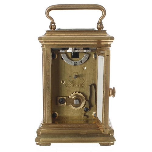 1255 - Miniature contemporary carriage clock timepiece with painted porcelain panels, the movement back pla... 