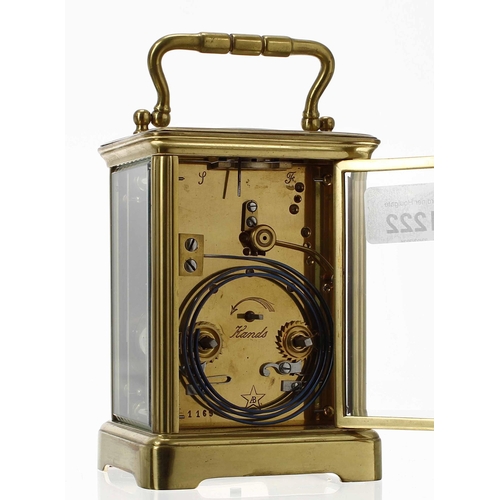 1260 - French repeater carriage clock striking on a gong, the movement back plate bearing the Achille Broco... 