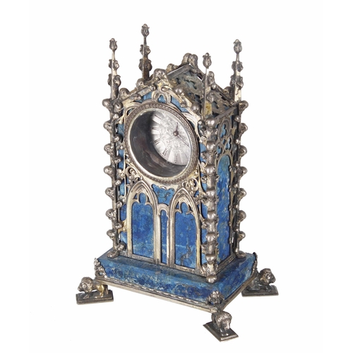 1303 - Attractive miniature silvered lapis lazuli gothic mantel clock timepiece with later movement, within... 