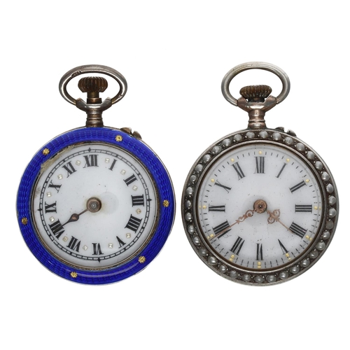 1105 - Swiss gilt metal enamel and seed pearl cylinder fob watch, the movement stamped 'DIDO', roman numera... 