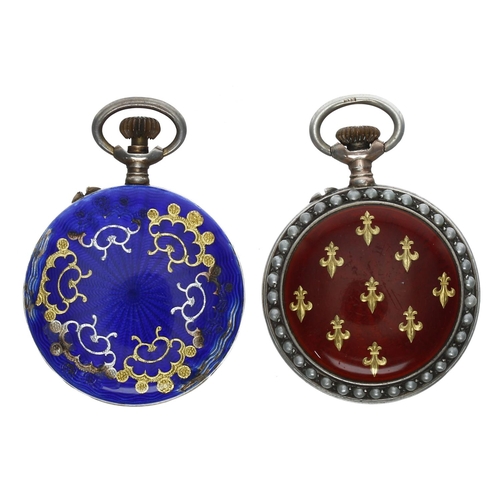 1105 - Swiss gilt metal enamel and seed pearl cylinder fob watch, the movement stamped 'DIDO', roman numera... 