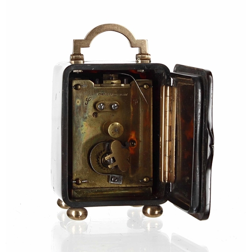 1268 - French small tortoiseshell and 9ct gold mounted miniature carriage clock timepiece, the 1.5