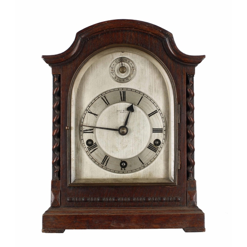 1501 - English oak three train mantel clock, the 5.5