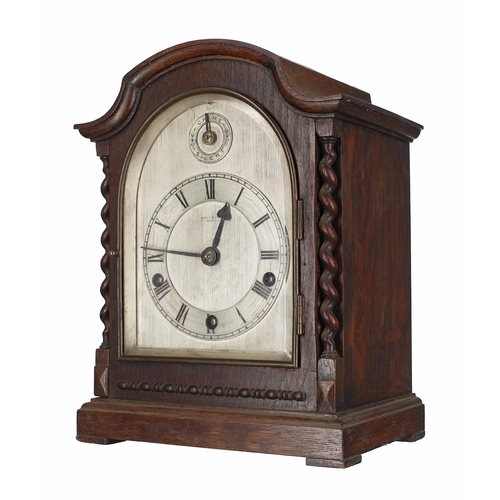 1501 - English oak three train mantel clock, the 5.5