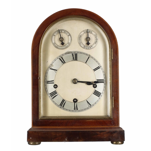 1502 - Mahogany three train mantel clock, the 6.5