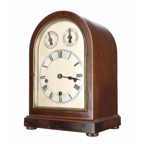 1502 - Mahogany three train mantel clock, the 6.5