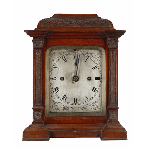 1505 - Small English walnut double fusee bracket clock, the silvered foliate engraved dial plate with silen... 