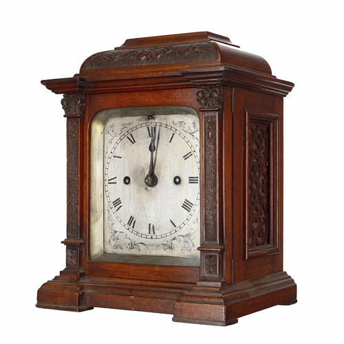 1505 - Small English walnut double fusee bracket clock, the silvered foliate engraved dial plate with silen... 