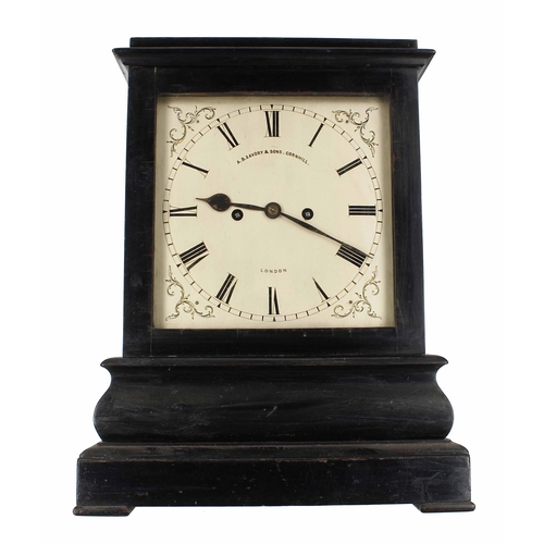 1513 - English ebonised double fusee library mantel clock, the 8