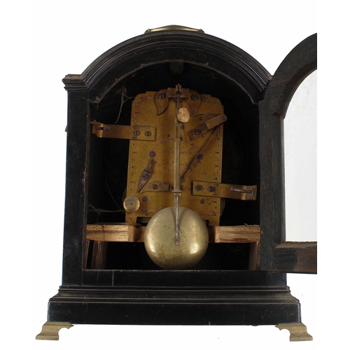 1516 - English ebonised double fusee bracket clock striking on a bell (missing), with locking pendulum, the... 