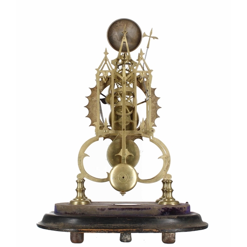 1521 - Brass single fusee skeleton clock with passing strike on a bell, the 6