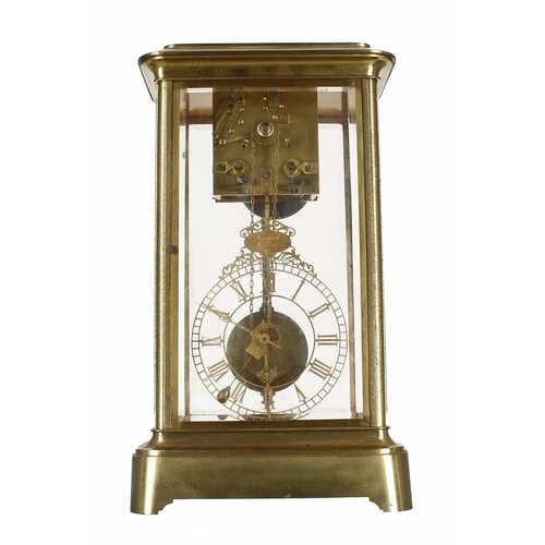 1536 - Rare and unusual brass four glass two train mantel clock, the movement housed to the top of the cloc... 