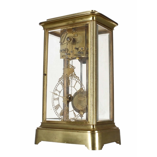 1536 - Rare and unusual brass four glass two train mantel clock, the movement housed to the top of the cloc... 