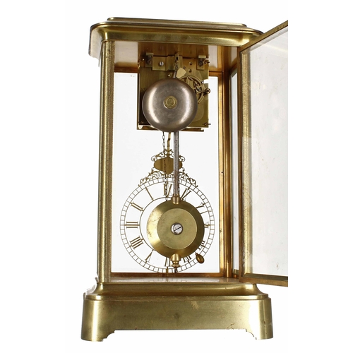 1536 - Rare and unusual brass four glass two train mantel clock, the movement housed to the top of the cloc... 