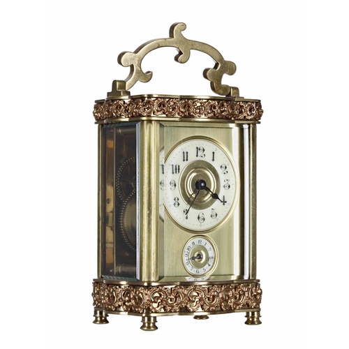 1269 - Attractive carriage clock timepiece with alarm striking on a bell beneath the base, the 2