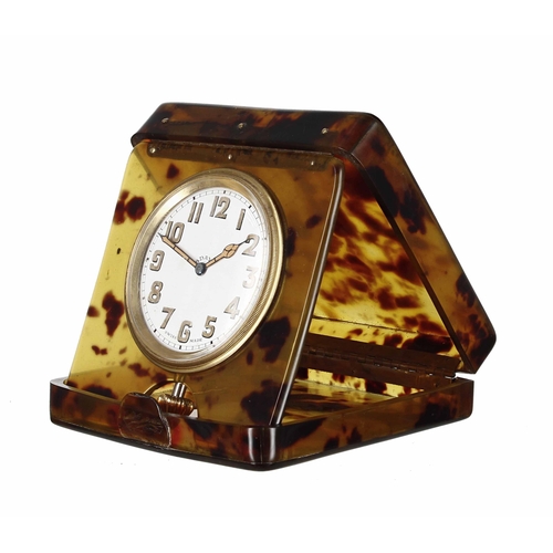 2509 - 8-Days travel clock, within a faux tortoiseshell hinged case, 2'' dial