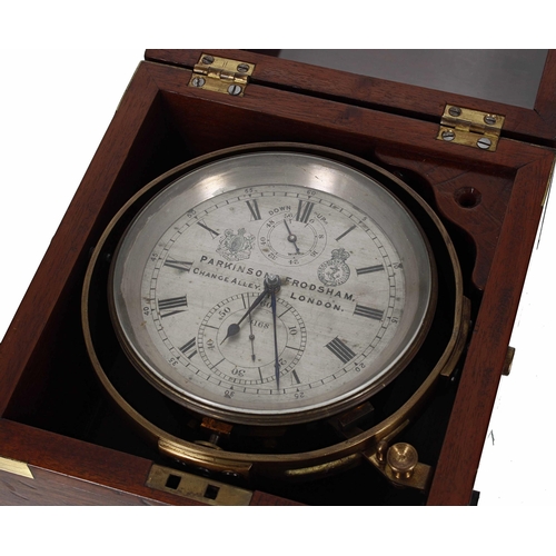 Parkinson & Frodsham two-day marine chronometer, the 4" silvered dial signed Parkinson & Frodsham, Change Alley, London, no. 4168, with subsidiary state of wind and seconds dials, signed fusee movement with maintaining power, cut and compensated bimetallic balance and helical hairspring, within a mahogany brass bound double hinged glazed case