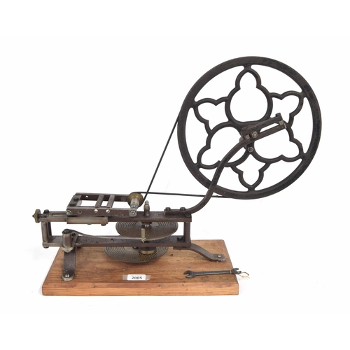 2005 - Good antique steel and cast iron wheel cutting engine, mounted upon a rectangular canted pine plinth... 