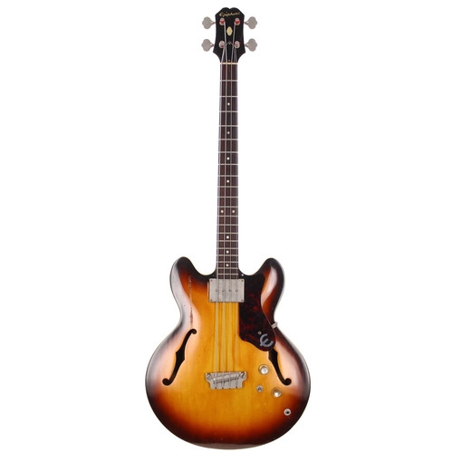 593 - 1964 Epiphone Rivoli semi-hollow body bass guitar, made in USA; Body: sunburst finish top upon brown... 