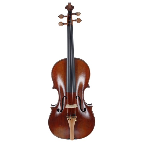 2430 - Good violin labelled René Quenoil á Paris 1955, the one piece back of wild flame with faint medium c... 