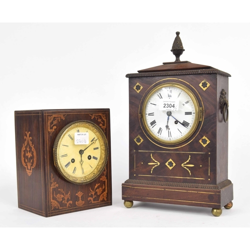 2304 - French rosewood inlaid two train mantel clock striking on a bell, 9.75