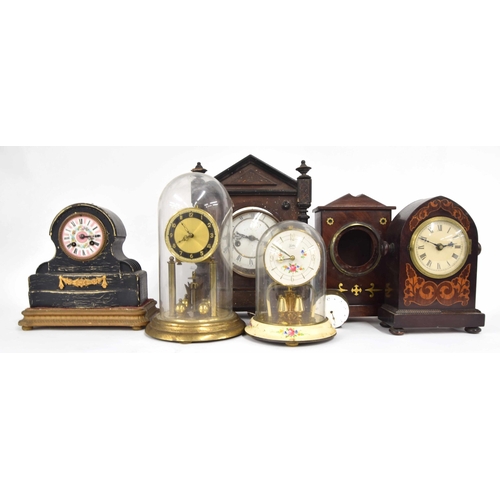 2313 - Four various wooden case mantel clocks, all in need of restoration; also two contemporary torsion cl... 