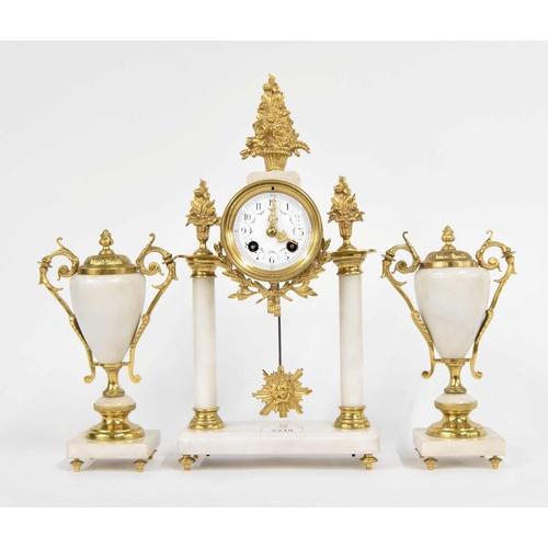 2318 - French ormolu and white marble two train mantel clock garniture, the Mougin movement with outside co... 