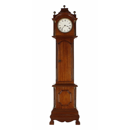 2322 - Mahogany novelty mantel timepiece in the form of a miniature longcase clock, the drumhead movement w... 