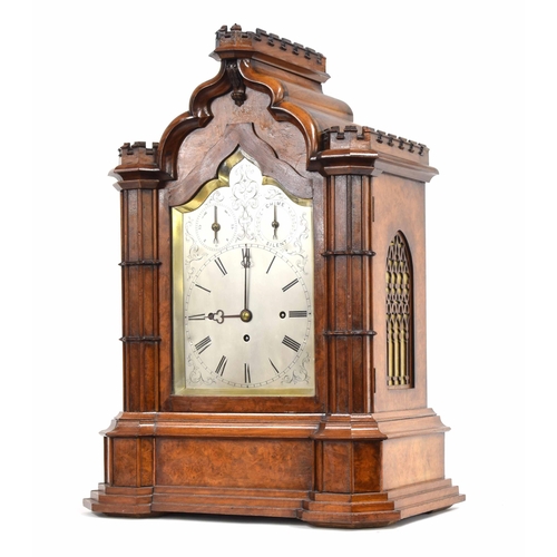 1310 - Good English walnut gothic triple fusee boardroom clock, the silvered foliate engraved dial with slo... 