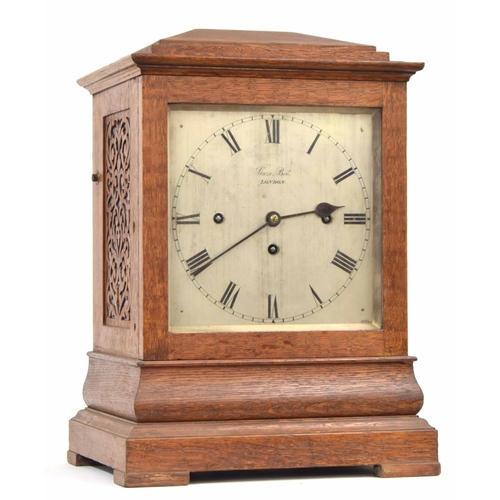 1512 - English oak triple fusee library mantel clock, the 8