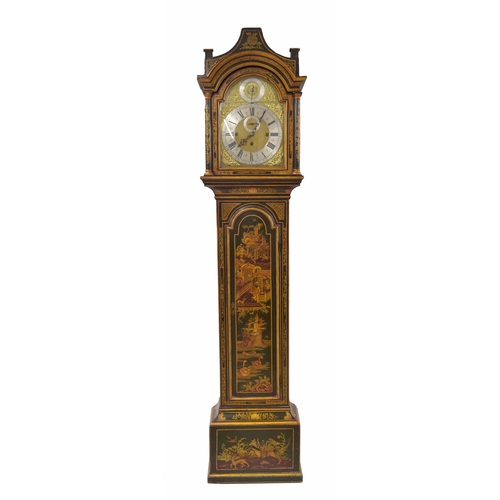 1814 - English green lacquer and chinoiserie decorated three train longcase clock, the 12