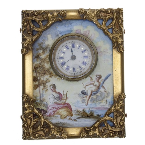 2508 - Continental enamel gilt metal framed timepiece, the enamel panel depicting a classical lady playing ... 