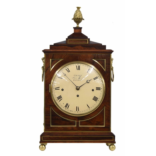 Good English rosewood triple fusee bracket clock, the 8" convex cream dial signed Grant, Fleet Street, London, the movement playing on a nest of eight bells and striking the hours on another, the back plate also signed Grant, Fleet Street, London, with pull repeat and locking pendulum, within an attractive brass inlaid panelled case surmounted by a square stepped caddy top and large brass pineapple finial, 22.75" high (pendulum)