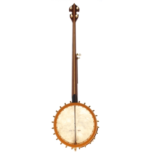 1520 - Ode long neck model five string banjo with Jerry Webb open back body, with geometric mother of pearl... 