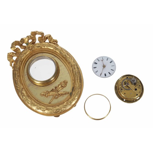 1315 - Ormolu oval easel timepiece, the watch movement signed Vulliamy, London, within an oval frame modell... 