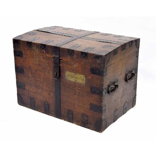 1001 - 19th century metal bound oak silver chest, the slightly domed hinged lid with metal strapwork enclos... 