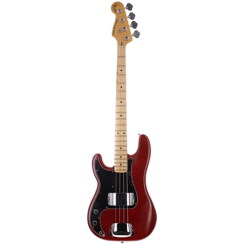 401 - 1980 Fender Precision Bass left-handed bass guitar, made in USA; Body: trans red finish, large blemi... 