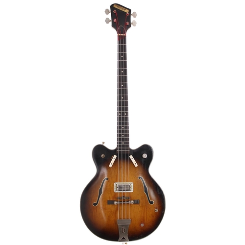 619 - 1963 Gretsch Country Gentleman hollow body bass guitar, made in USA; Body: sunburst finish, checking... 