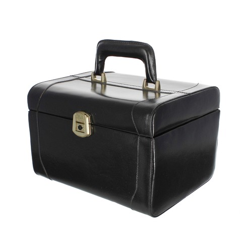 610 - Franzen leather vanity case, the hinged cover with carry-handle, enclosing a plastic bottle and atom... 