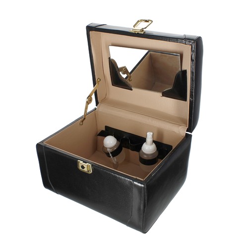 610 - Franzen leather vanity case, the hinged cover with carry-handle, enclosing a plastic bottle and atom... 