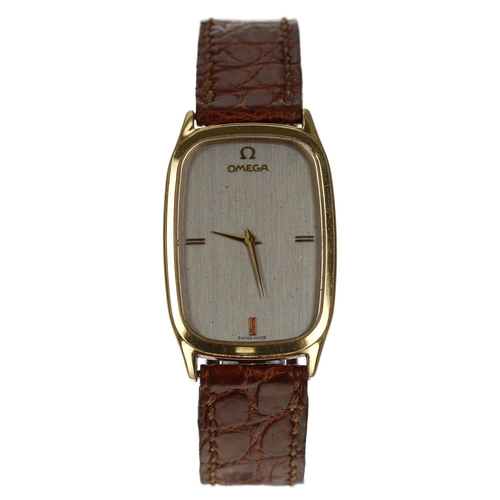 416 - Omega 18ct rectangular mid-size dress wristwatch, rectangular grey dial with gilt markers, cal. 1365... 