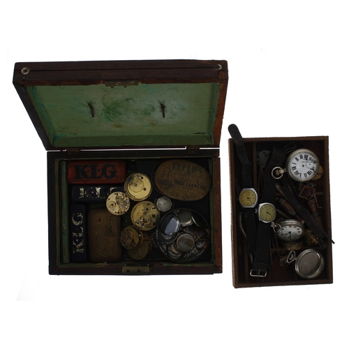 820 - Wooden storage box containing an assortment of items including wristwatch movement spares, pocket wa... 