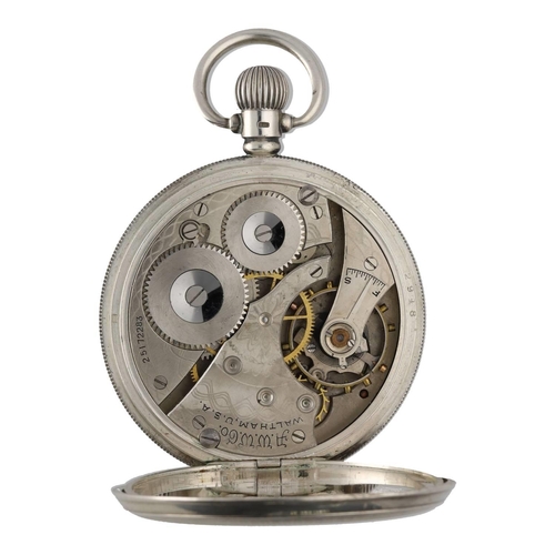 911 - American Watham silver lever pocket watch, circa 1925, serial no. 25172283, signed movement, hinged ... 