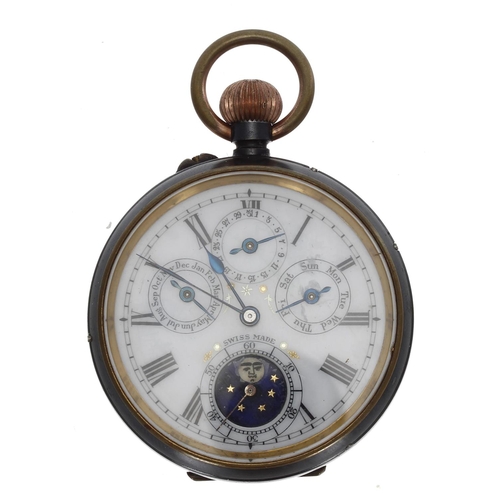 977 - Swiss gunmetal calendar lever pocket watch with moon phase, gilt frosted bar Brevet 11,170 movement,... 