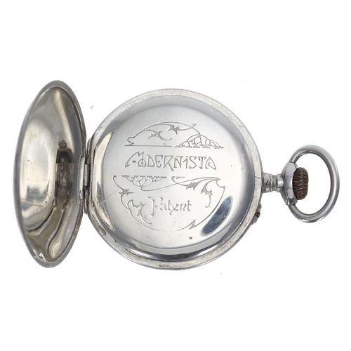 978 - White metal 'Jump Hour' pocket watch with 'Fly Back' minutes, bar lever movement with compensated ba... 